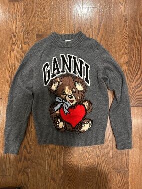 Ganni Charcoal Knit Sweater with Teddy and Red Heart